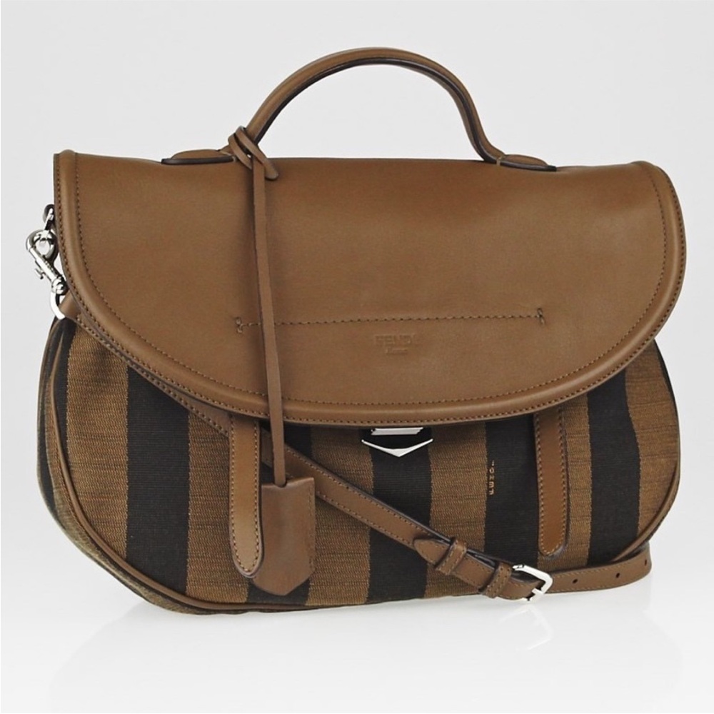 Fendi Brown Leather And Tobacco Pequin Stripe Canvas Top Handle